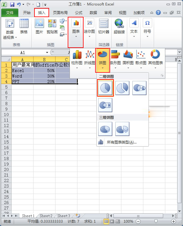 办公软件使用之使用Excel2010如何制作简单扇形统计图？