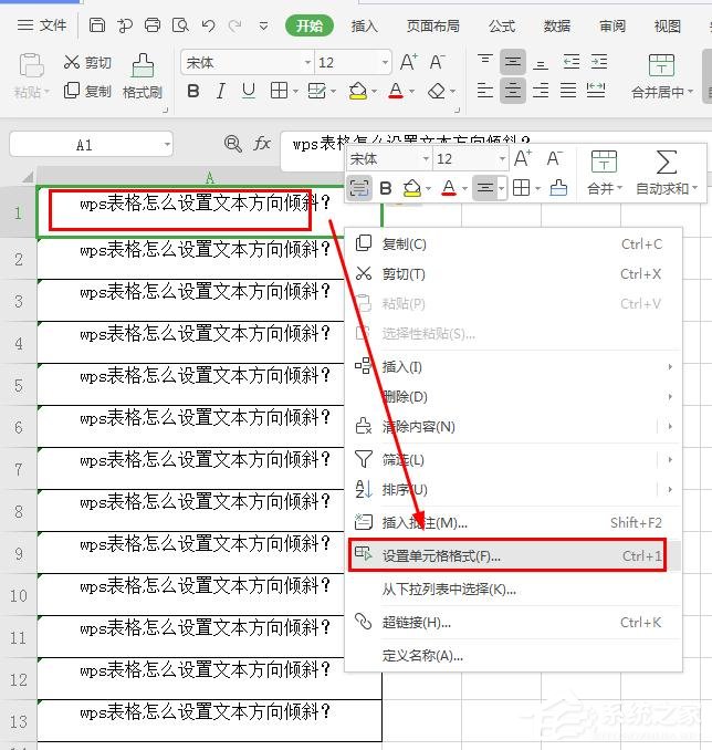 办公软件使用之wps表格怎么设置文本方向倾斜？wps表格设置文本方向倾斜的方法